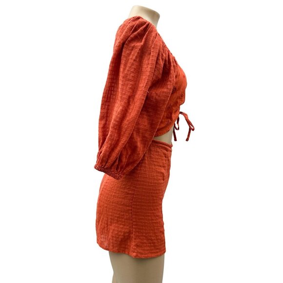 ASOS Eyelet Textured Ruched Tie Cutout Burnt Orange Puff Sleeve Playsuit Women 2 - Picture 6 of 12